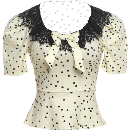 Daily Tank Top Women Sweet Lace Patchwork Trend Bow Applique Polka Dot Print Short Sleeve Patchwork Chic Party Club Tess