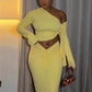 Fashion 2 Piece Set Women Trend Off-Shoulder Skew Collar Full Sleeve Crop Tops+Ruched Skirt Elegant Party Club Suit