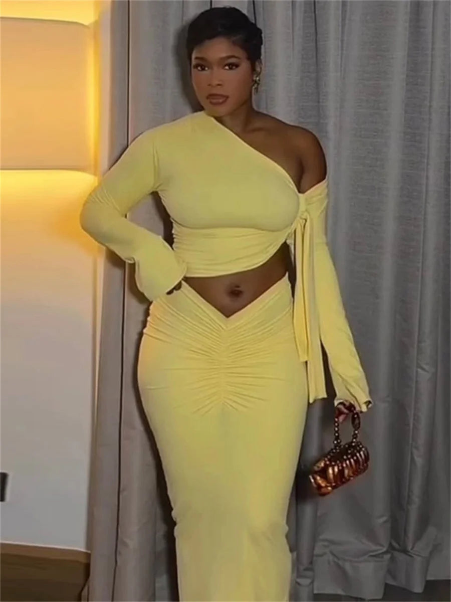 Fashion 2 Piece Set Women Trend Off-Shoulder Skew Collar Full Sleeve Crop Tops+Ruched Skirt Elegant Party Club Suit