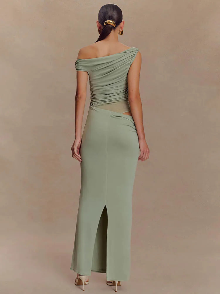 One Shoulder Slinky Sexy Maxi Dress Women Summer Fashion Backless Sleeveless Split Club Party Long Dress Elegant