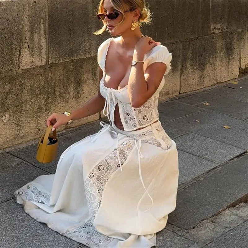 Women Y2K 2 Piece Set White Lace Patchwork Off Shoulder Short Sleeve Crop Top With Long Skirt Summer Vacation Streetwear
