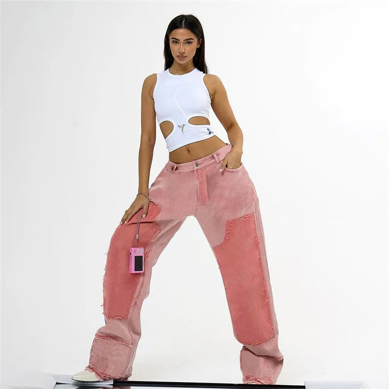 Patchwork Jean Y2k Baggy Denim Pants Pink Green Straight Jeans Woman Bottoms Y2k Streetwear Winter Fashion