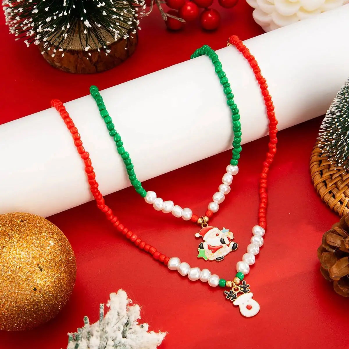Christmas 2Pcs/set Christmas Elk Bell Socks Pendant Necklaces Women Boho Imitation Pearl Bead Chain 2026 Fashion Jewellery Gift