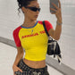 Letter Print Crop Tops Women Chic Short Sleeve Patchwork Casual Simple Tight Wild Basic Streetwear Y2K Hipster Tees