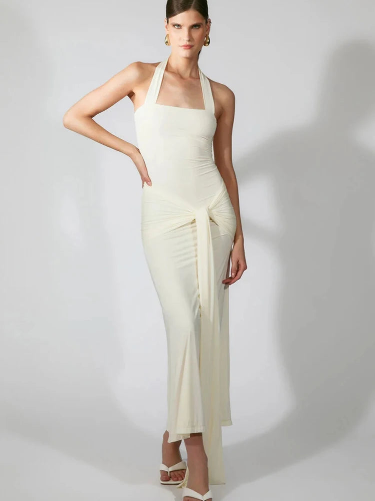 Halter Backless Sexy Maxi Dress Women Elegant Square Collar Sleeveless Ruched Waist Draped Bodycon Club Party Dress