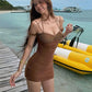 Patchwork Dress Women Low-Neck Folds Skinny Backless Sleeveless Sexy Hottie Midnight Summer Fashion Chic Mini Bodycon
