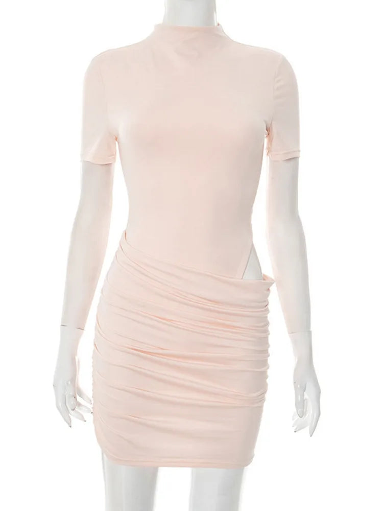 Hollow Out Short Sleeve Ruched Sexy Mini Dress For Women Fashion Half High Collar Skinny Club Party Dresses Female