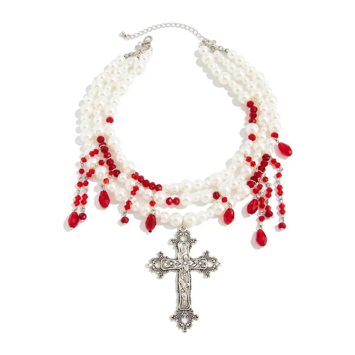 Gothic Multi-layer Imitation Pearl Choker Necklace for Women Vintage Red & Black Crystal Cross Pendant Halloween Jewelry