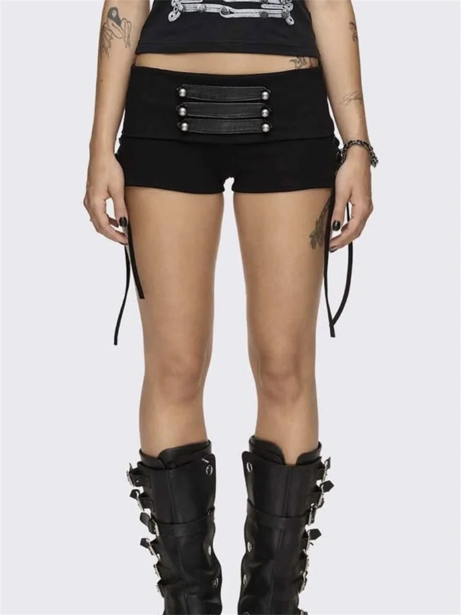 High Street Short Women Hottie Trend Rivet Metal Hollow Patchwork Shirring Skinny Sexy Midnight Club Party Outfits