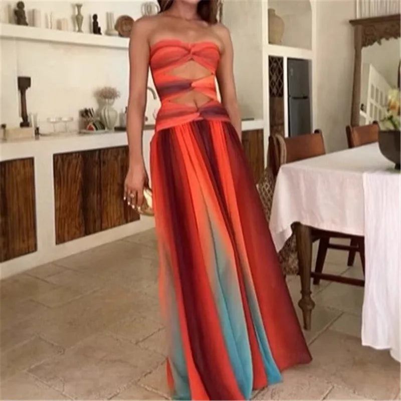 Women Summer Striped Tie-dye Color Twisted Texture Hollow Out Backless Strapless A-line Tube Long Dress Party Clubwear