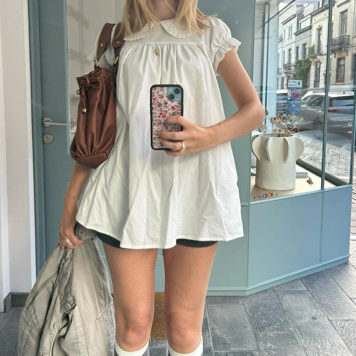 Women's Summer Doll Collar Blouse Short Sleeve A-Line Swing Shirts Solid Color Loose Ruffle Summer Casual Tops