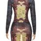 Peach Hip Sexy See Through Mini Dress Woman Colorful Print o-Neck Full Sleeve Skinny Midnight Fashion Club Party Bodycon