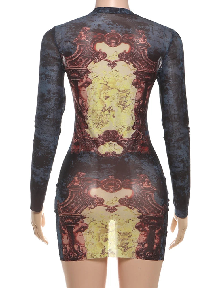 Peach Hip Sexy See Through Mini Dress Woman Colorful Print o-Neck Full Sleeve Skinny Midnight Fashion Club Party Bodycon