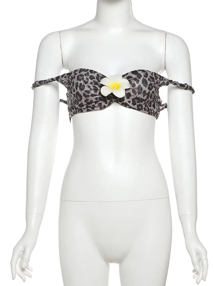 Flower 2 Piece Set Women Sexy Backless Leopard Print Slash Neck Tops+Pleated Long Skirts Matching Clubwear Outfits