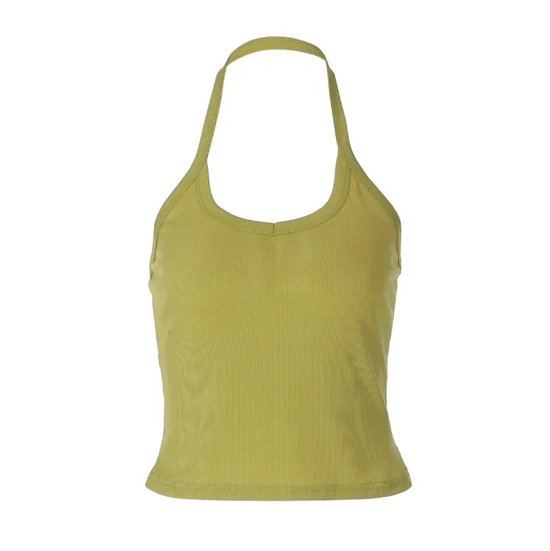 Solid Color Ribbed Knitted Tanks & Camis Low Cut Backless Halter Tops for Woman Basic Summer Crop Top