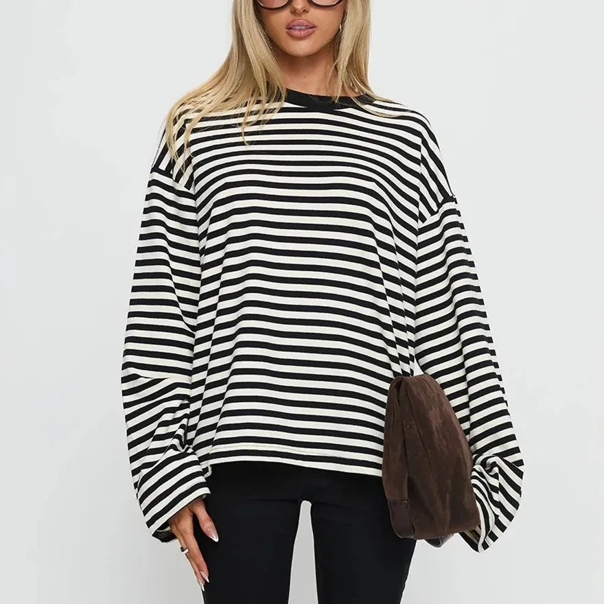 Striped Long Sleeve Shirt Women Y2k Oversized Crewneck Vintage Tops Fall Winter Drop Shoulder Cute Preppy Pullover