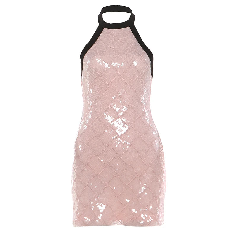 Sequin Dress Women Hlater Backless Sleeveless Skinny Patchwork Zipper Summer Sweet Midnight Chic Fashion Mini Bodycon