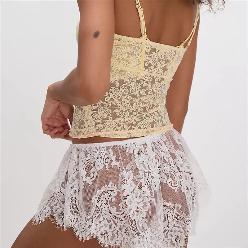 Women’s Solid Color Lace See Through Shorts Casual Elastic Waist Wide Leg Lingerie Shorts Summer Lounge Bottoms