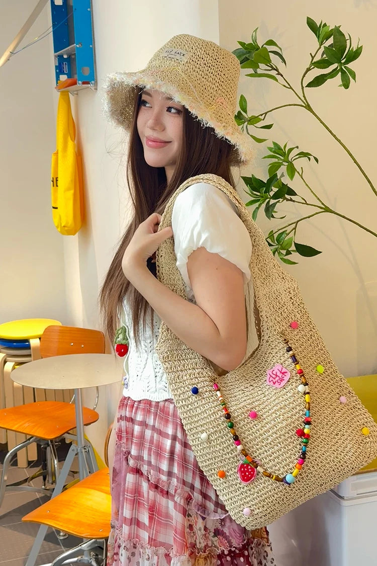 Women's Boho Crochet Straw Shoulder Bag with Colorful Beads, Large Summer Beach Tote Bag, Casual Vacation Handbag