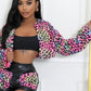 Colorful Leopard Print 2 Piece Set Women Plush Cardigan Long Sleeve Crop Coat+Leather Patchwork Mini Shorts Wild Suit