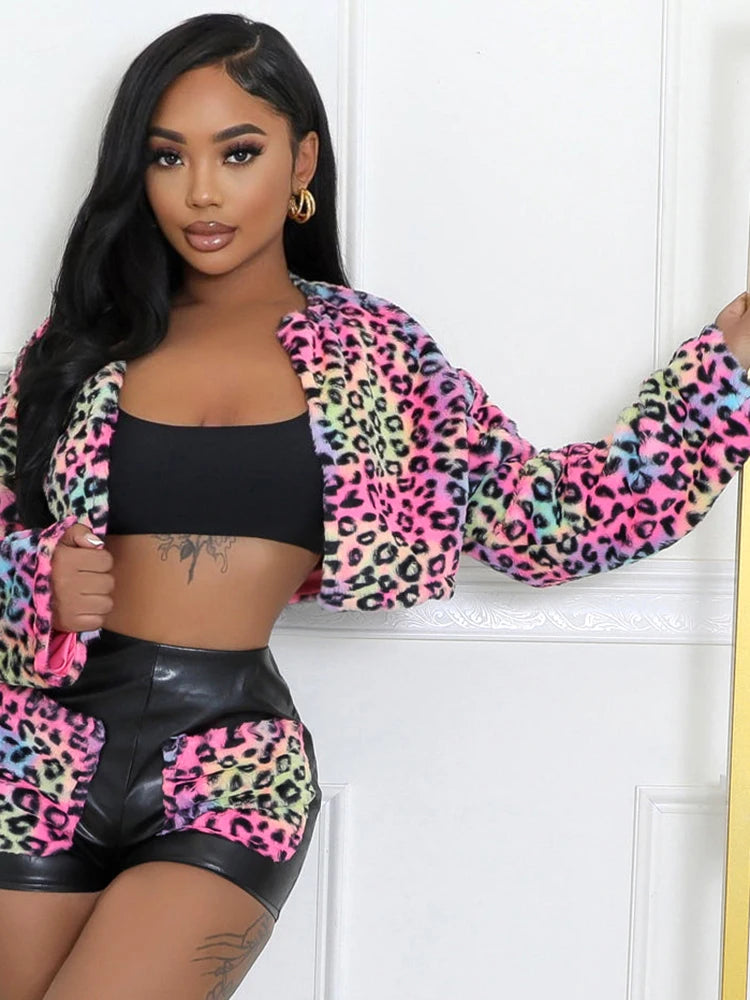 Colorful Leopard Print 2 Piece Set Women Plush Cardigan Long Sleeve Crop Coat+Leather Patchwork Mini Shorts Wild Suit