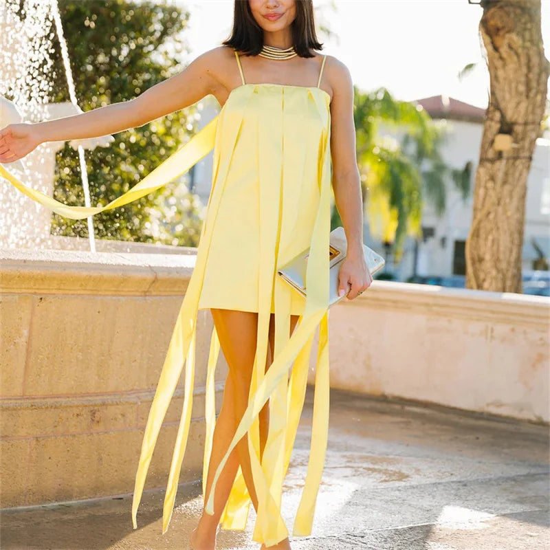 Women Sexy Sleeveless Spaghetti Strap Tassel Mini Dress with Flowing Ribbons Casual Loose Square Neck Party Club Dress