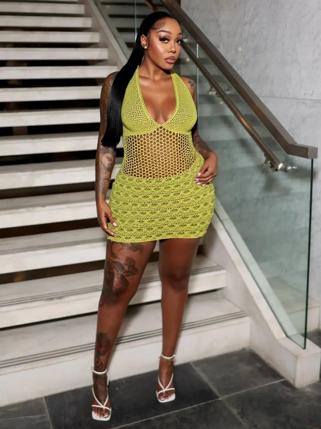 Crochet Hollow Dress Women Deep V-Neck Halter Backless Sexy Beach Vacation Party Midnight Clubwear Skinny Vestidos