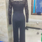 Women Off Shoulder Lace Long Sleeve Jumpsuit Waist Tie Sash Wide Leg Solid Black Elegant Party Formal Romper Outfit