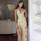 Floral Summer Dress for Women Elegant V Neck Backless Ruffled Split Maxi Dresses Sexy Resort Wear Woman
