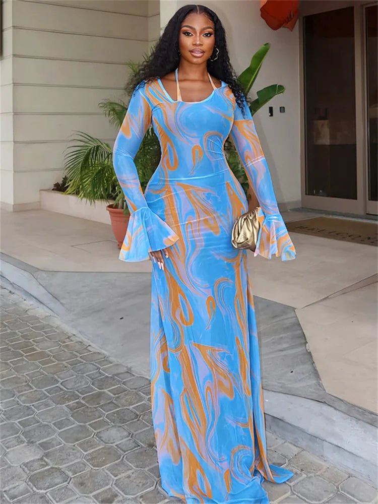 Tie-Dye Print Maxi Dress Women Autumn New Trend Bandage Halter o-Neck Flare Sleeve Street Fashion Elegant Vestidos