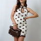 Knit Polka Dot Bodycon Mini Dress Women Sleeveless Halter Qipao Collar Keyhole Cutout Lace Hem Slim Short Pencil Dress