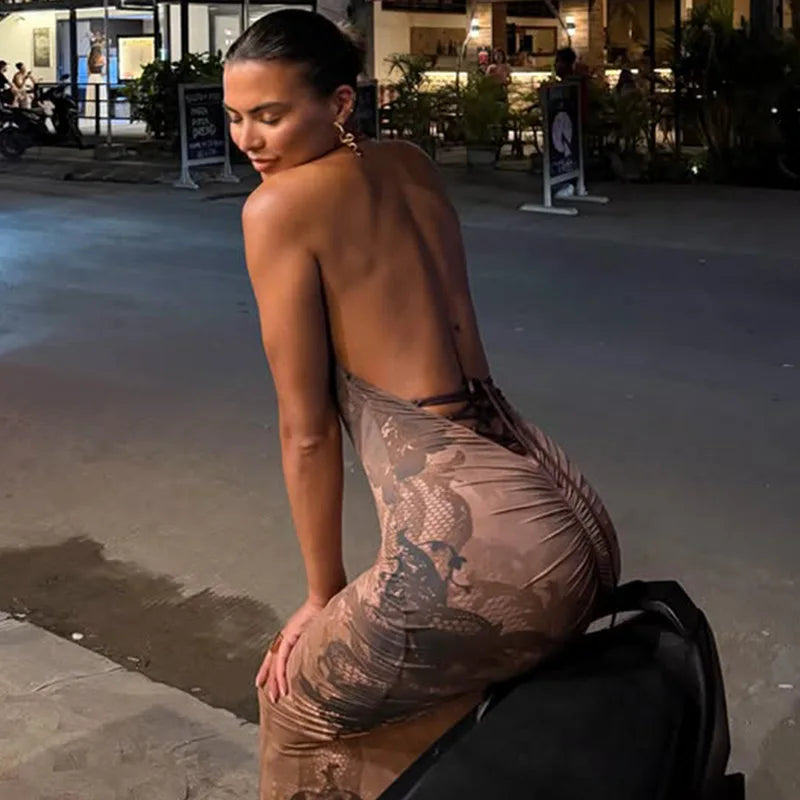 Brown Lace Print Halterneck Maxi Dress Woman Clothing Sexy Evening Party Summer Dresses 2026