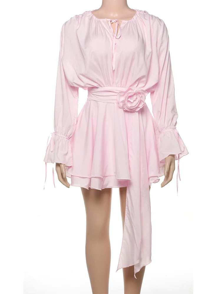 3D Flower Decoration Dress Women Y2K Sweet Style Flare Sleeve Ruched Ribbon Vacation Fashion Elegant Mini Bodycon