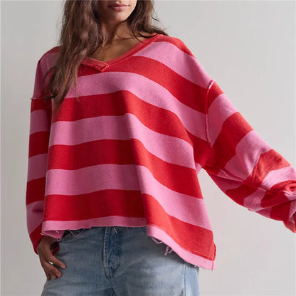 Oversized Striped V Neck Raw Hem Cropped Sweatshirt Women Loose Long Sleeve Pullover Winter Autumn Casual Streetwear