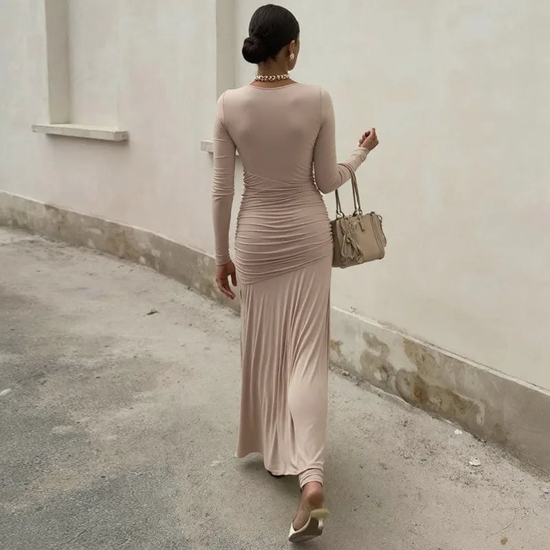 Long Sleeve Hollow Pleated Maxi Dress Elegant Evening Gown Dresses Woman Fall Winter Clothes