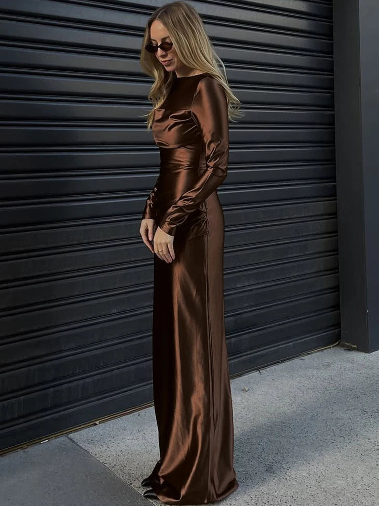 Fashion Silky Satin Long Dress Woman Autumn Trend o-Neck Full Sleeve High Waist Robe Daily Casual Ruched Elegant Vestidos