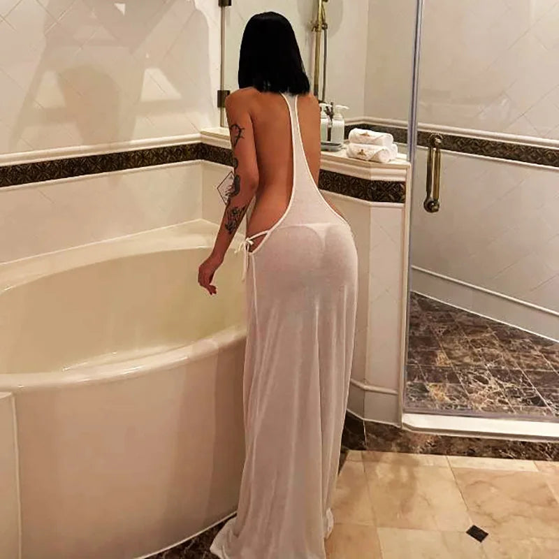 Backless Side Slit Thin Dress Women Halter Waistless Lace-Up Summer Sexy Beach Vacation Hottie Stretch Slim Clubwear