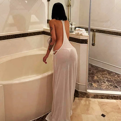 Backless Side Slit Thin Dress Women Halter Waistless Lace-Up Summer Sexy Beach Vacation Hottie Stretch Slim Clubwear