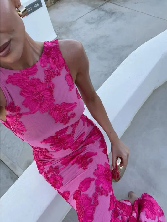 Elegant Floral Print Sexy Maxi Dress For Women Embroidered Applique Tank Dress Femme Bodycon Club Party Long Dress