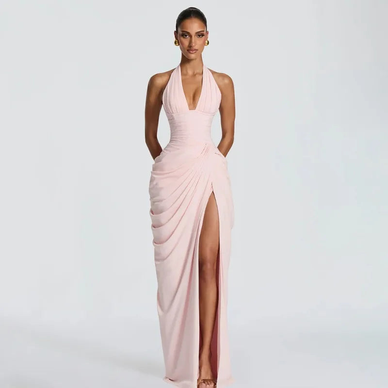 Halterneck Ruched Maxi Dress with High Slit Sexy Party Dresses Woman Elegant Luxury Evening Gowns
