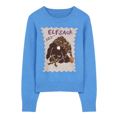 Women's Casual Pullover Sweater with Cartoon Animal Print, Long Sleeve Cozy Top for Everyday Wear