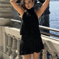 Elegant Halter Neck Mini Dress Backless Pleated High Waist Layered Ruffle Hem Solid Color Short Dress Party Club Outfit