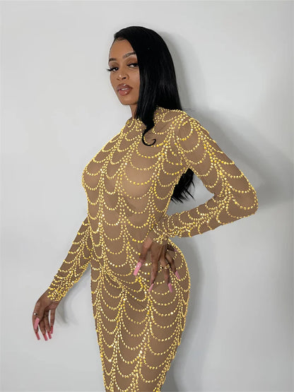 Mesh See Through Long Dress Women Rhinestones Decoration Full Sleeve Skinny Wrap Hip Midnight Sexy Coquette Vestidos