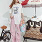 Lavender Oversized Print Ruffle Slit T-Shirt for Women