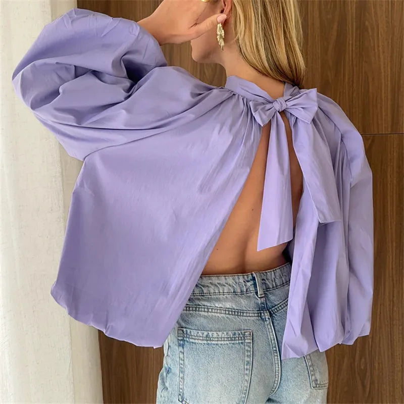 Women Backless Bow Tie Blouse Stand Collar Puff Long Sleeve Pleated Loose Cropped Shirt Solid Casual Daily Going Out Top