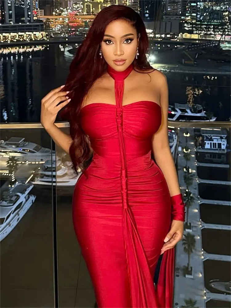 Elegant Halter Maxi Dress Women Backless Skinny Hand Strap Hem Summer Trend Sexy Vacation Birthday Party Vestidos