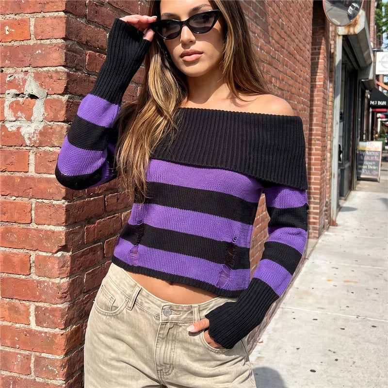 Women Off Shoulder Striped Knit Sweater Long Sleeve Distressed Ripped Hollow Out Loose Pullover Y2K Street Knitted Top