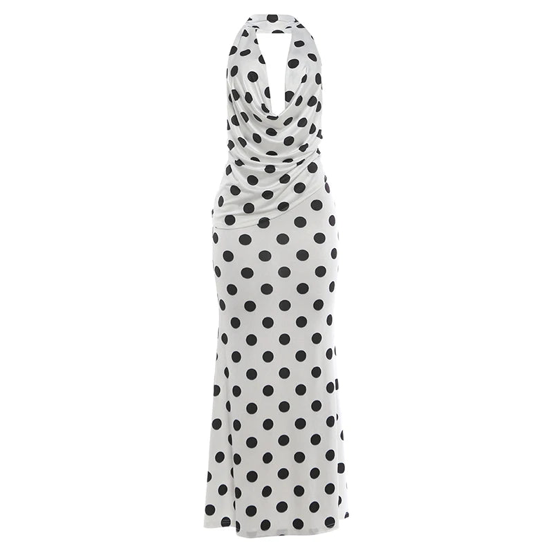 Elegant Polka Dot Print 2 Piece Set Women Sexy Halter Backless Swing Collar Bandages Tank Top+Skirt Chic Party Suits