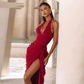 Halter Neck High Slit Ruched Maxi Dress Elegant for Woman Wedding Guest Party Dresses