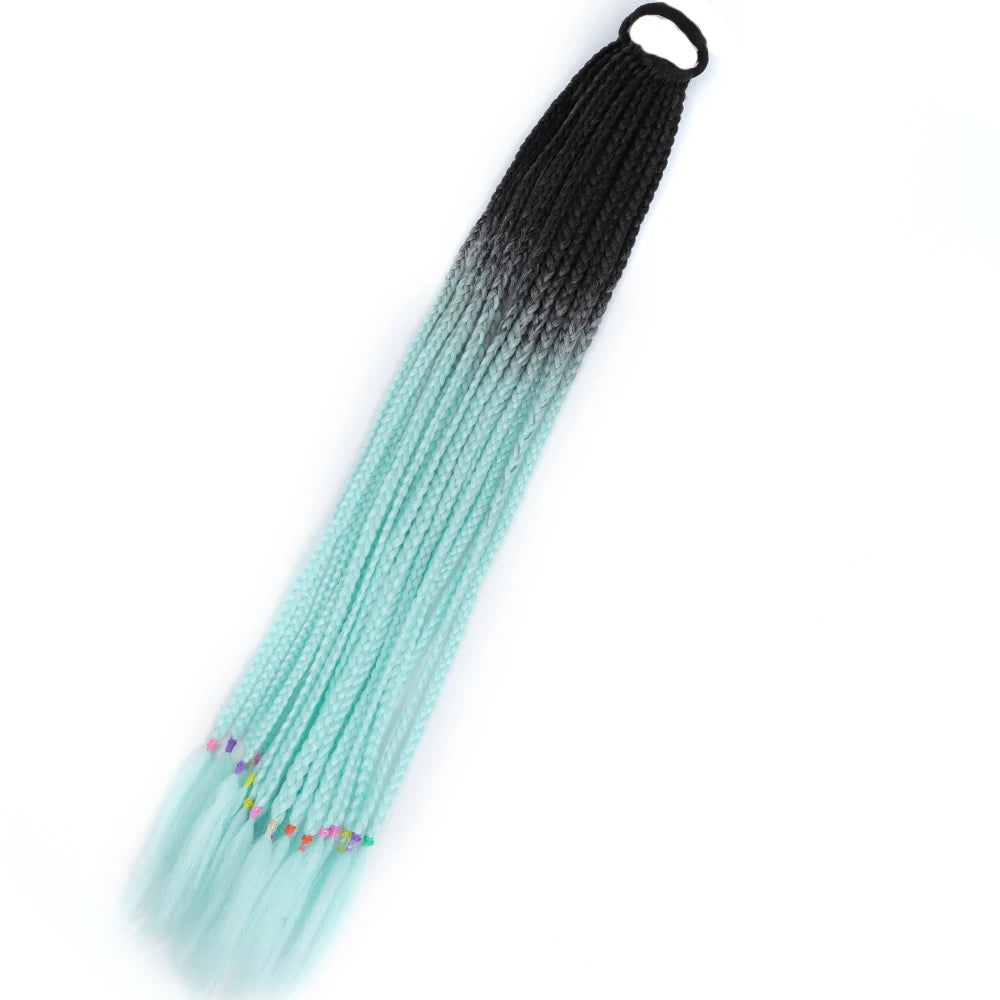 Synthetic 24inch Girls Colored Box Braided Ponytail With Elastic Rubber Band Hair Extensions Rainbow Color Box Pigtail Hairpiece